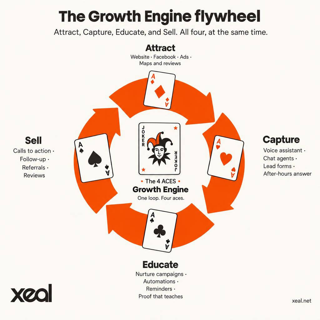 The Growth Engine flywheel. Four aces and a joker: Attract diamonds, Capture hearts, Educate clubs, Sell spades, joker in the center.